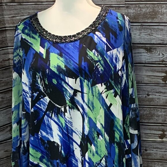 ALFANI blue black green abstract bubble hem kimono sleeve top size 1X - Picture 2 of 5